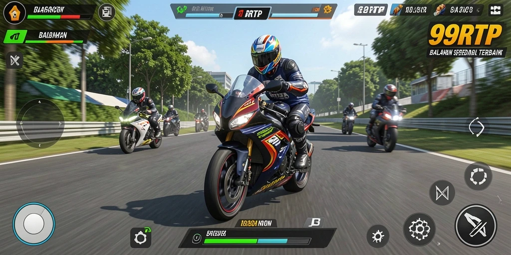 Screenshot dari gameplay 99RTP menampilkan aksi balapan motor yang seru.