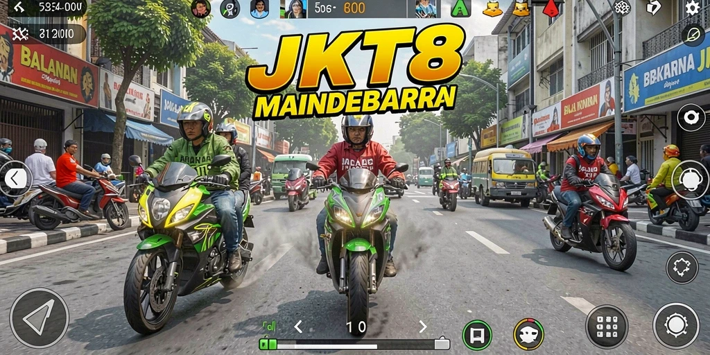 Tampilan gameplay JKT8 dengan motor balap melaju kencang di jalanan Jakarta.